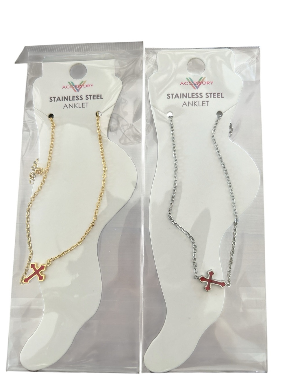 Stainless Steel Anklet with Red Cross Charm - Gold and Silver